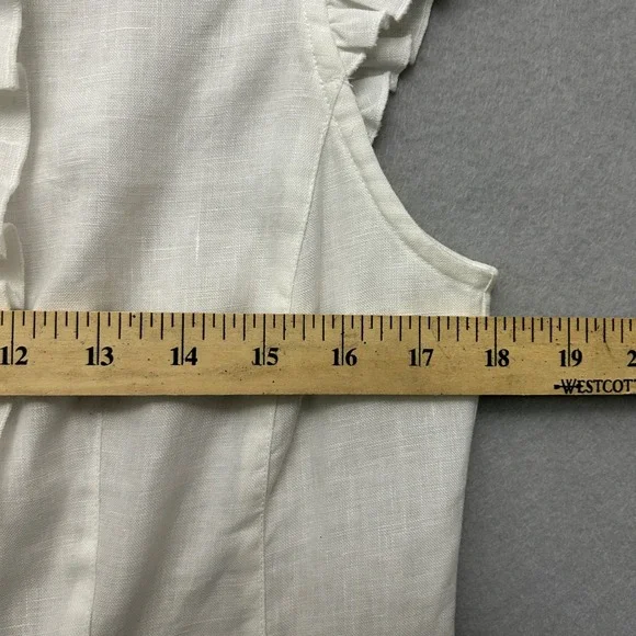 David Brooks Blouse Womens Med White 100% Linen Ruffle Flutter Sleeve Button Up - Picture 6 of 12